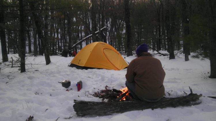 Snowy backpacking campsite